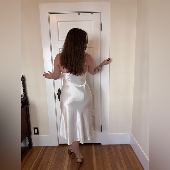 90s Vintage White Satin Slip w Sheer Lace Cups M - Picture 3 of 9